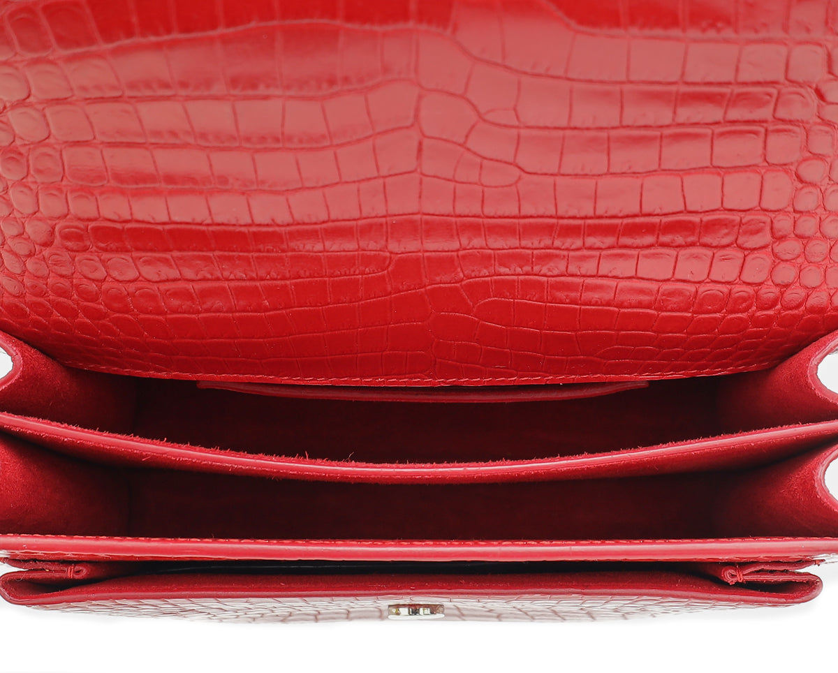 YSL Red Croco Embossed Sunset Medium Shoulder Bag