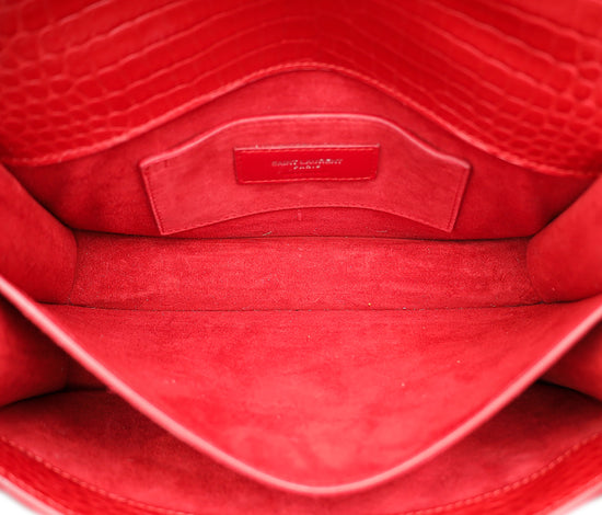 YSL Red Croco Embossed Sunset Medium Shoulder Bag