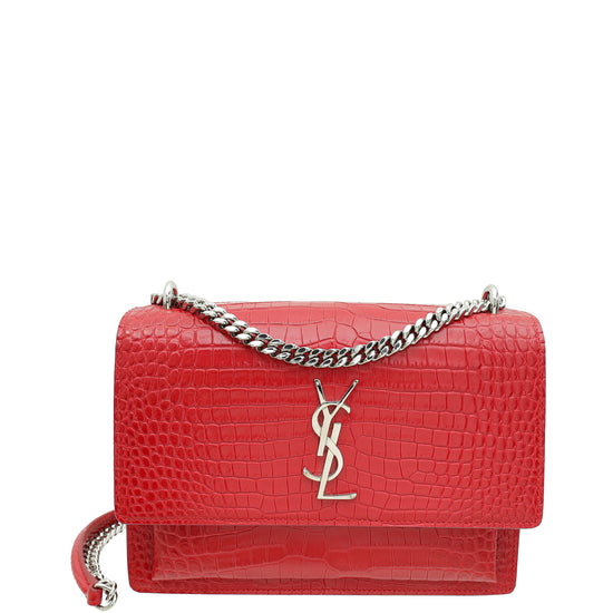 YSL Red Croco Embossed Sunset Medium Shoulder Bag