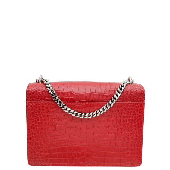 YSL Red Croco Embossed Sunset Medium Shoulder Bag