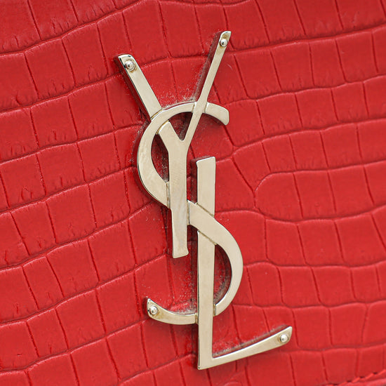 YSL Red Croco Embossed Sunset Medium Shoulder Bag