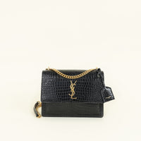YSL Black Sunset Croco Embossed Medium Shoulder Bag