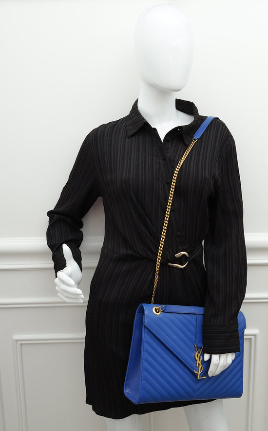 YSL Royal Blue Monogram Chevron Large Satchel Bag