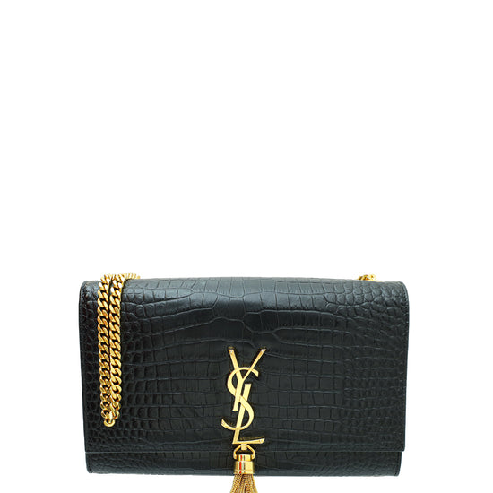 YSL Black Croco Embossed Kate Tassel Medium Chain Bag