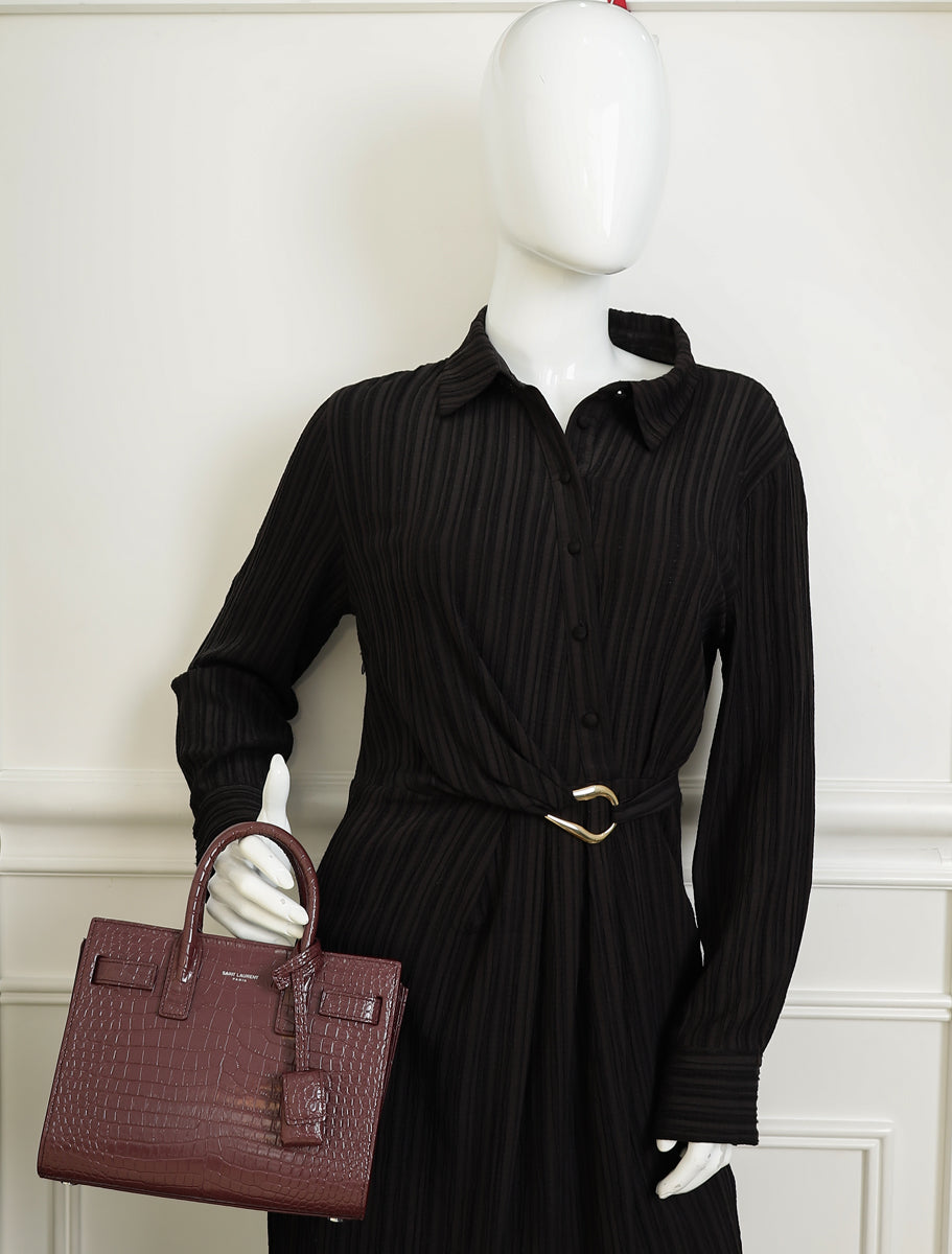 YSL Burgundy Croco Embossed Sac De Jour Nano Bag