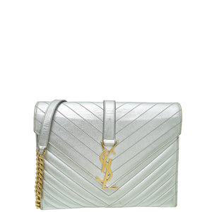 حقيبة YSL فضية Monogram Chevron متوسطة الحجم 