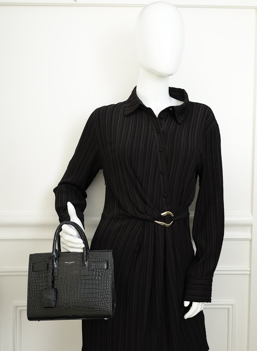 YSL Black Sac De Jour Nano Croco Embossed Bag