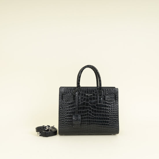 YSL Black Sac De Jour Nano Croco Embossed Bag