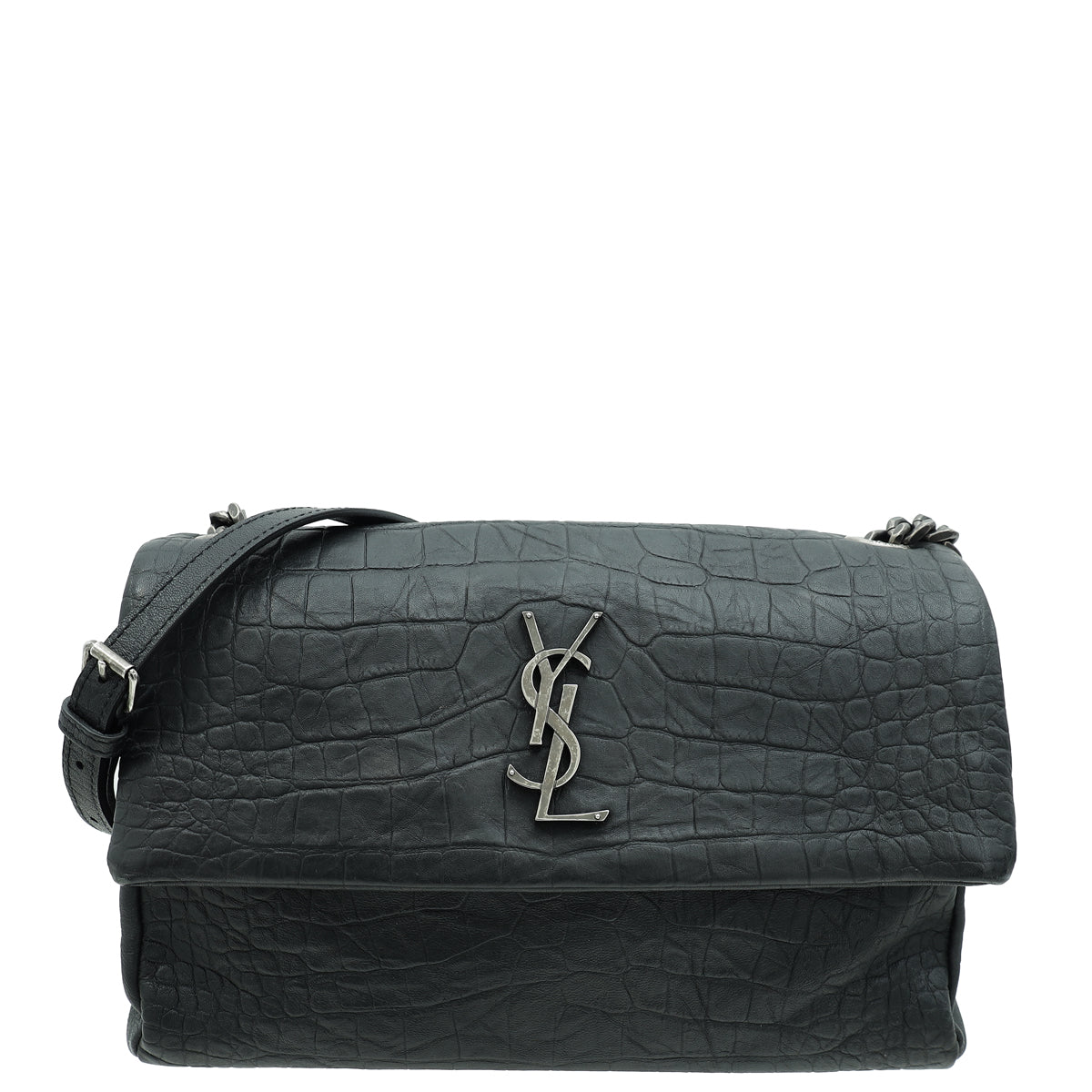 YSL Black Croco Embossed Monogram West Hollywood Fold-Over Medium Bag-YSL-THE CLOSET