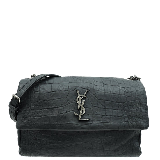 YSL Black Croco Embossed Monogram West Hollywood Fold-Over Medium Bag