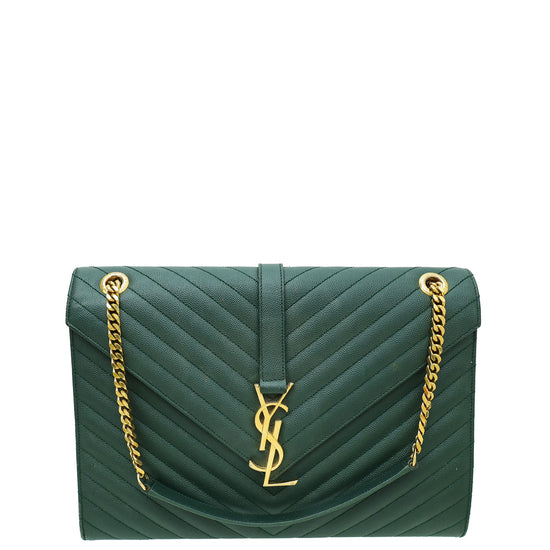 YSL Dark Green Monogram Chevron Satchel Large Bag