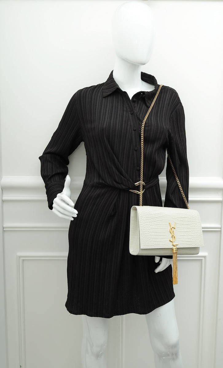 YSL Blanc Vintage Croco Embossed Kate Tassel Medium Bag-YSL-THE CLOSET