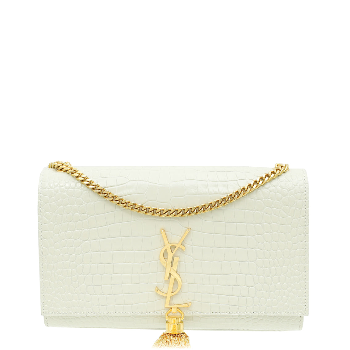 YSL Blanc Vintage Croco Embossed Kate Tassel Medium Bag