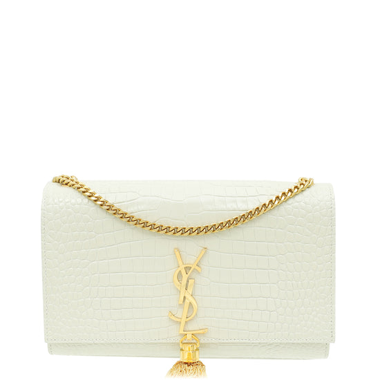 YSL Blanc Vintage Croco Embossed Kate Tassel Medium Bag