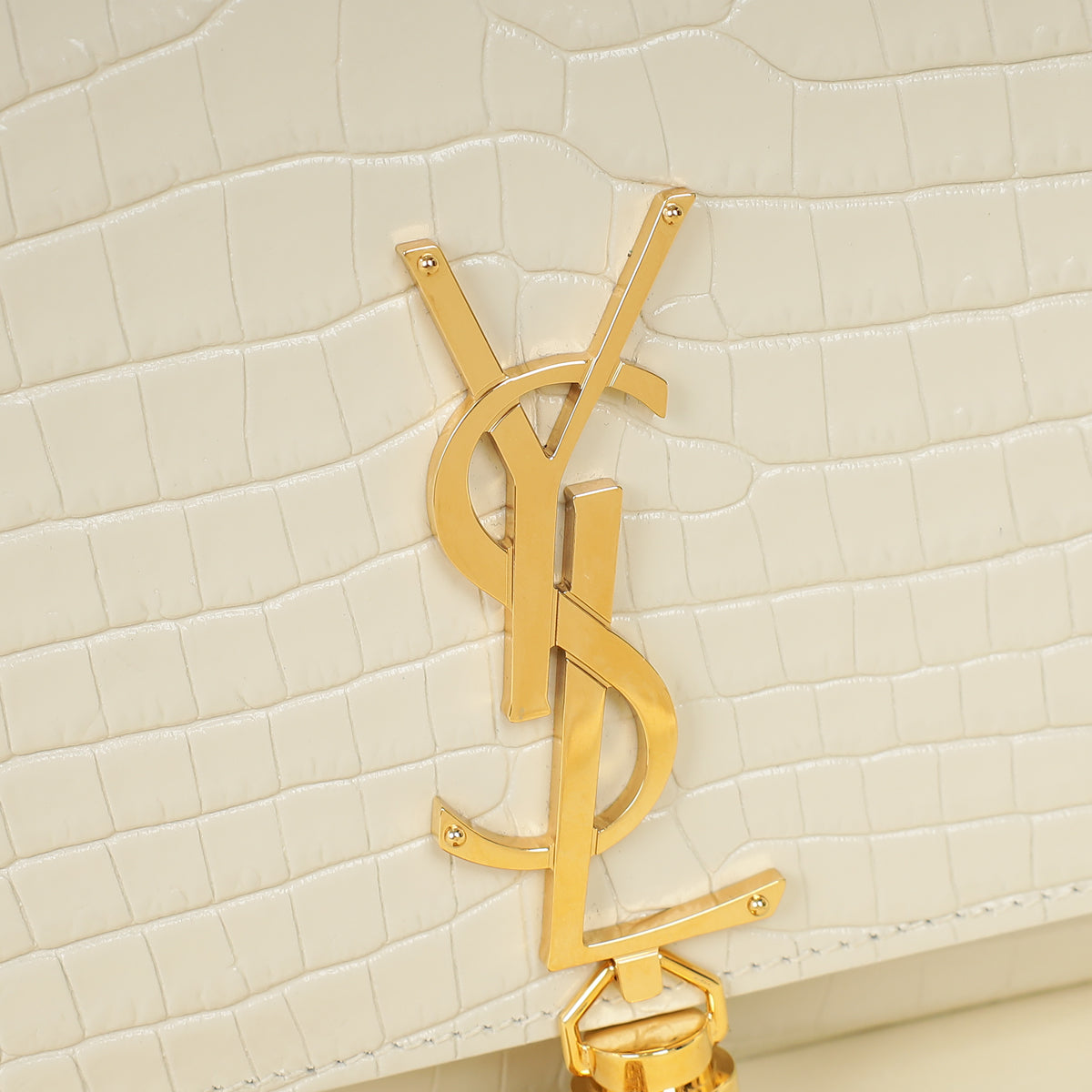 YSL Blanc Vintage Kate Tassel Croc Embossed Medium Shoulder Bag-YSL-THE CLOSET