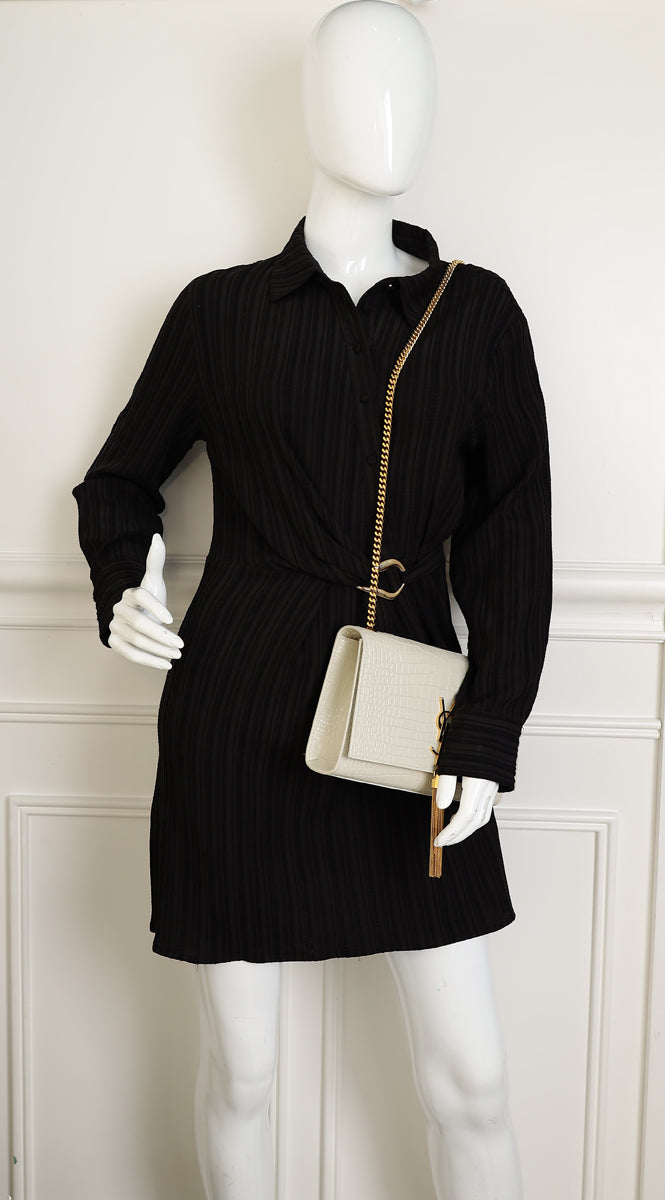 YSL Blanc Vintage Kate Tassel Croc Embossed Medium Shoulder Bag-YSL-THE CLOSET