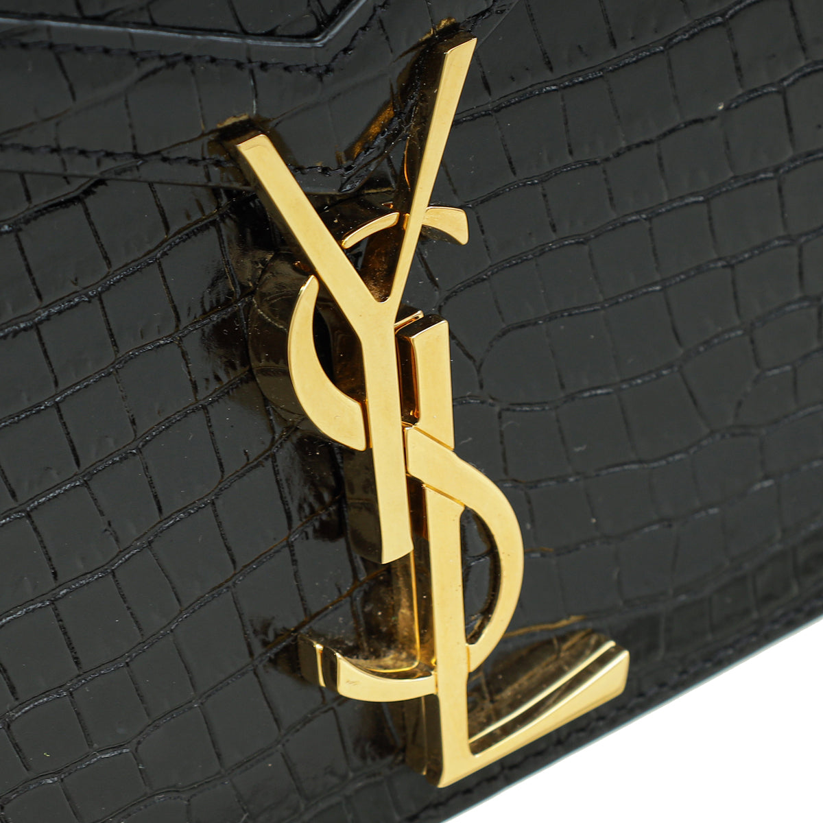 YSL Black Cassandra Clasp Croco Embossed Small Chain Shoulder Bag