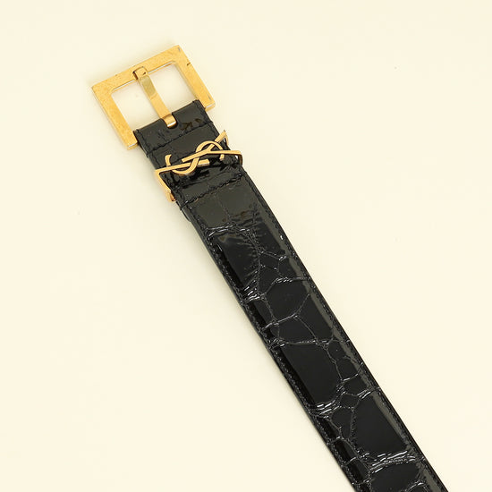 YSL Black Cassandre Buckle Croco Embossed 30mm Belt