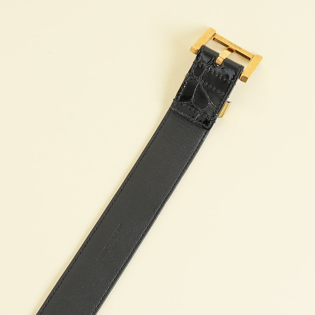 YSL Black Cassandre Buckle Croco Embossed 30mm Belt