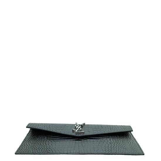 YSL Black Shiny Croc Embossed Uptown Clutch