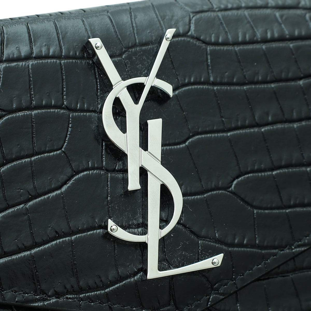 YSL Black Shiny Croc Embossed Uptown Clutch