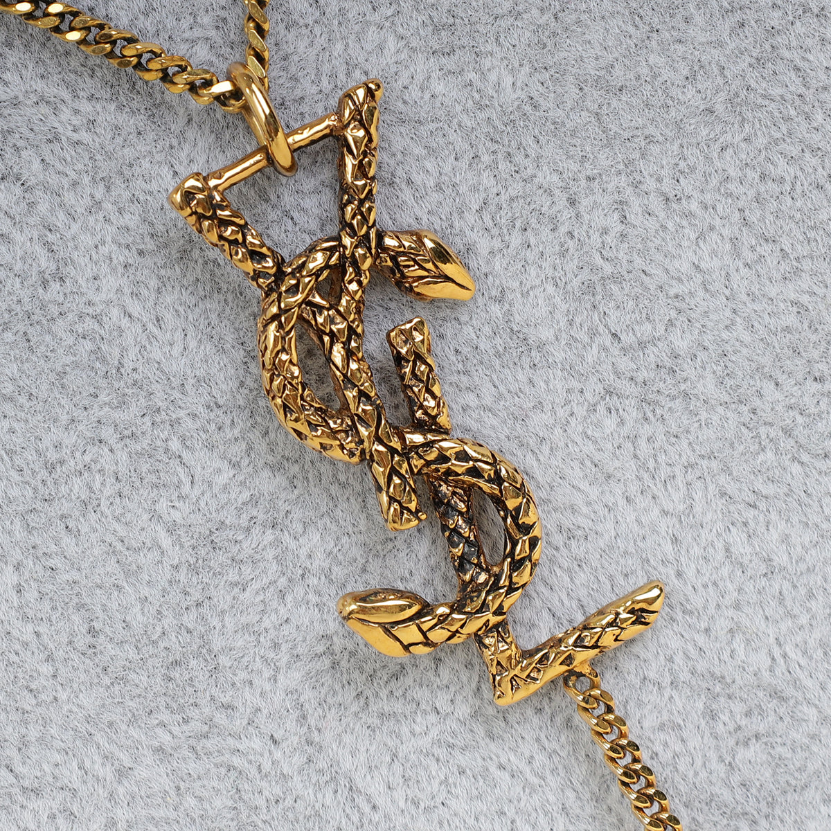 YSL Gold Brass Snake Monogram Tassel Pendant Necklace