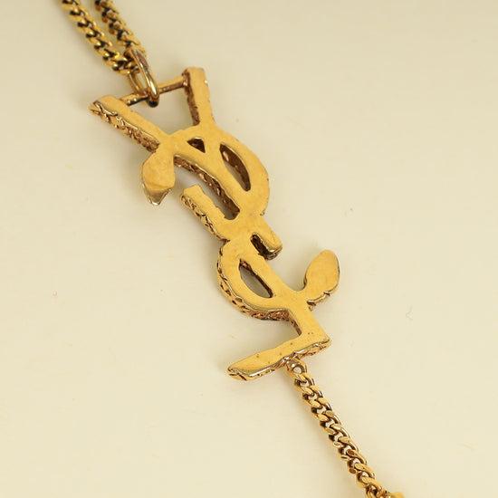 YSL Gold Brass Snake Monogram Tassel Pendant Necklace