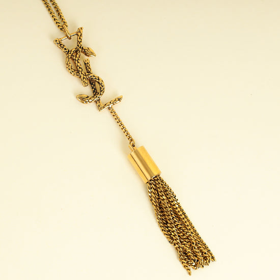 YSL Gold Brass Snake Monogram Tassel Pendant Necklace