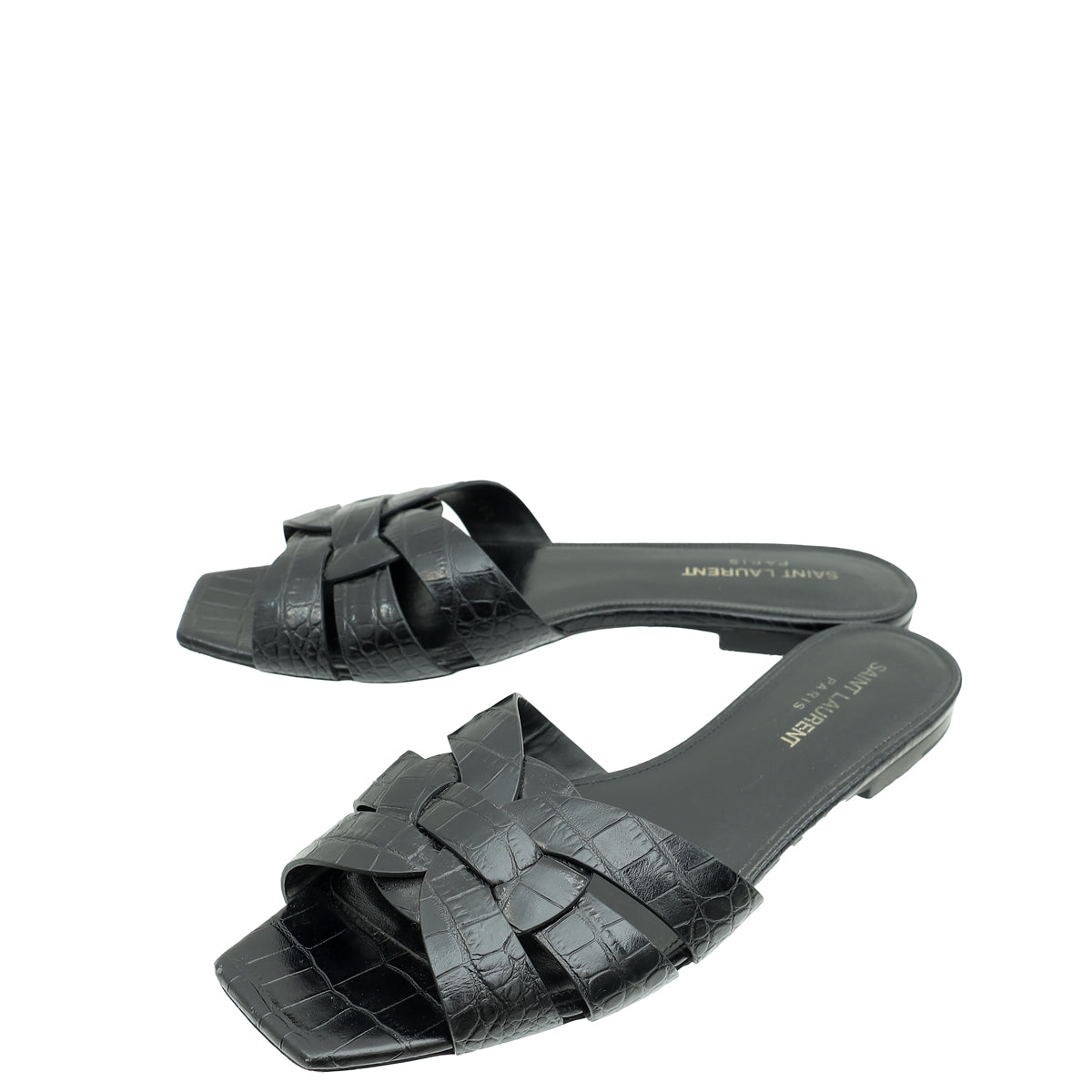 YSL Black Croco Embossed Tribute Flat Mules 38.5-YSL-THE CLOSET