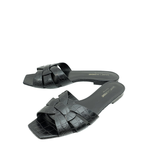 YSL Black Croco Embossed Tribute Flat Mules 38.5