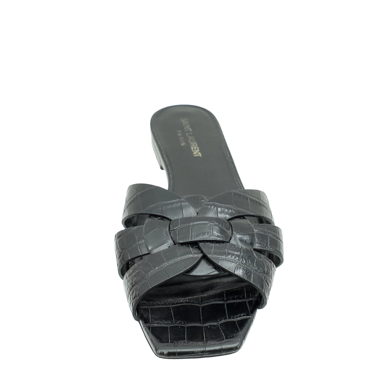 YSL Black Croco Embossed Tribute Flat Mules 38.5