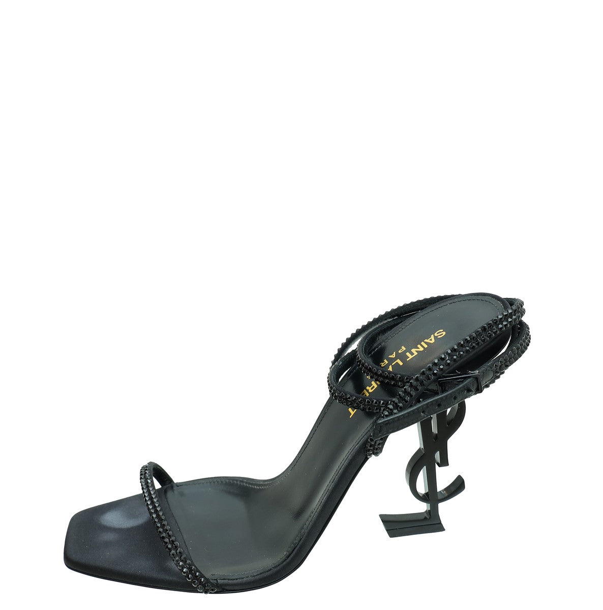 YSL Black Satin Opyum Embellished Crystal Sandal 38