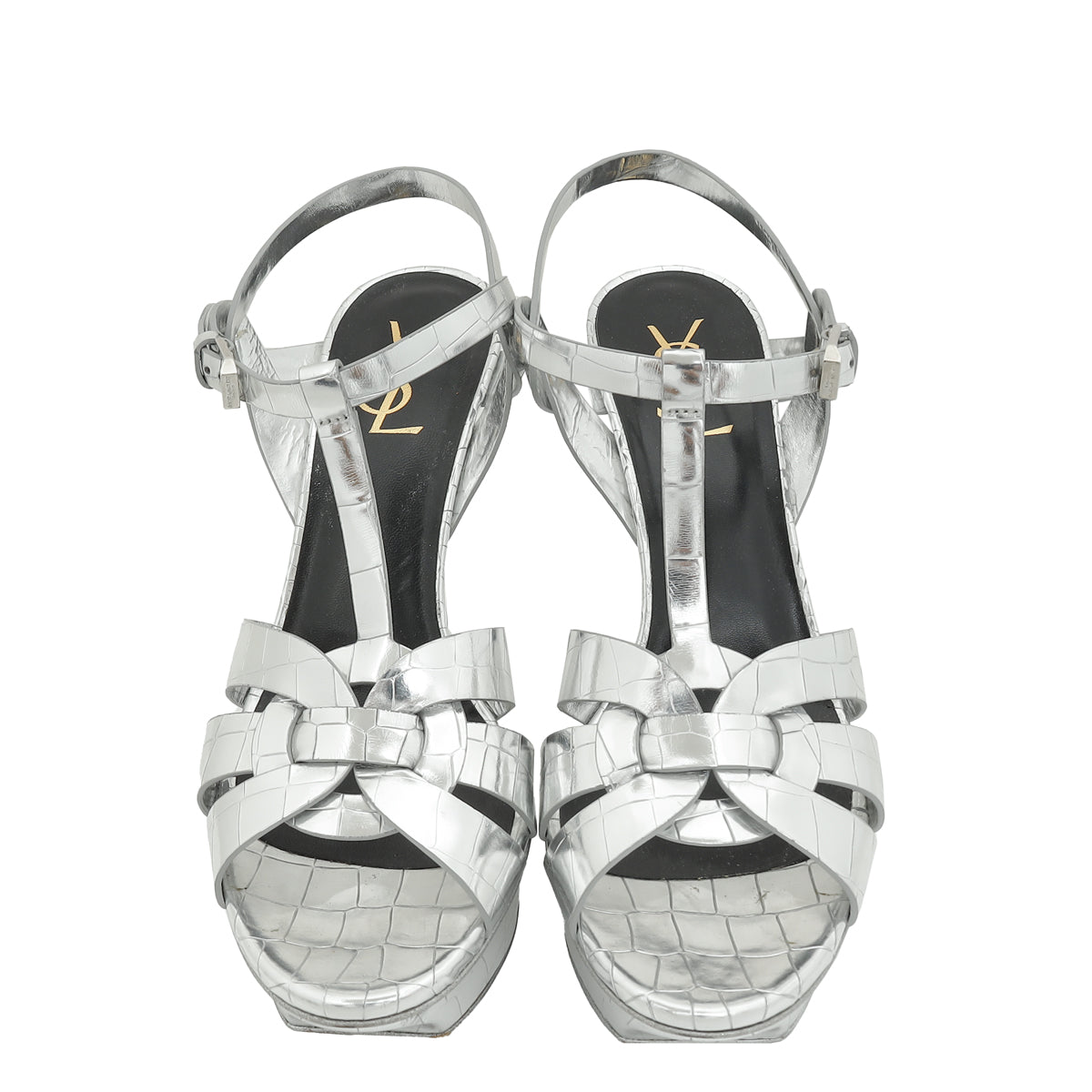 YSL Silver Croco Embossed Tribute Sandal 40