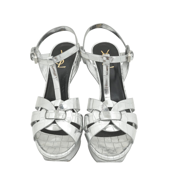 Load image into Gallery viewer, YSL Silver Croco Embossed Tribute Sandal 40
