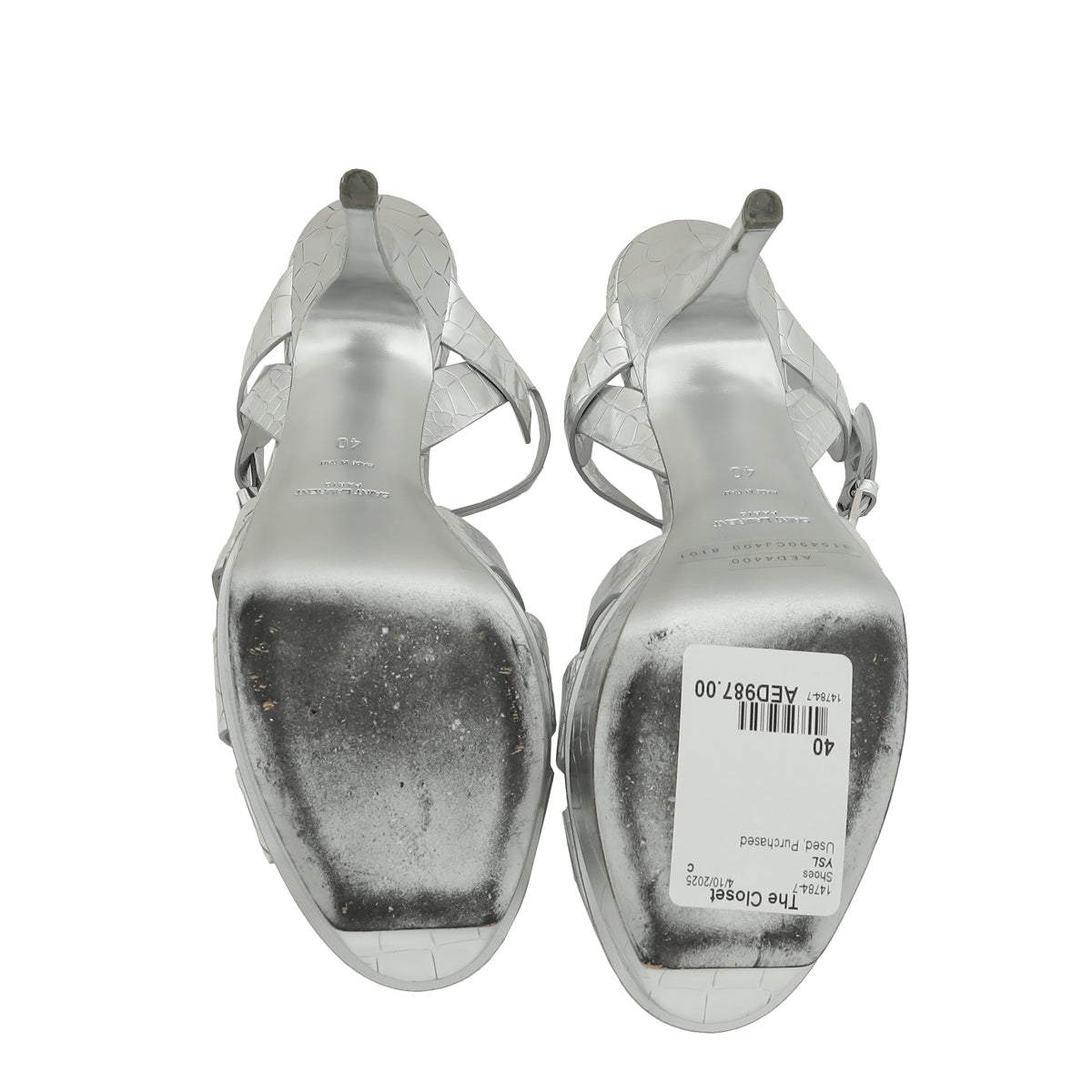 YSL Silver Croco Embossed Tribute Sandal 40