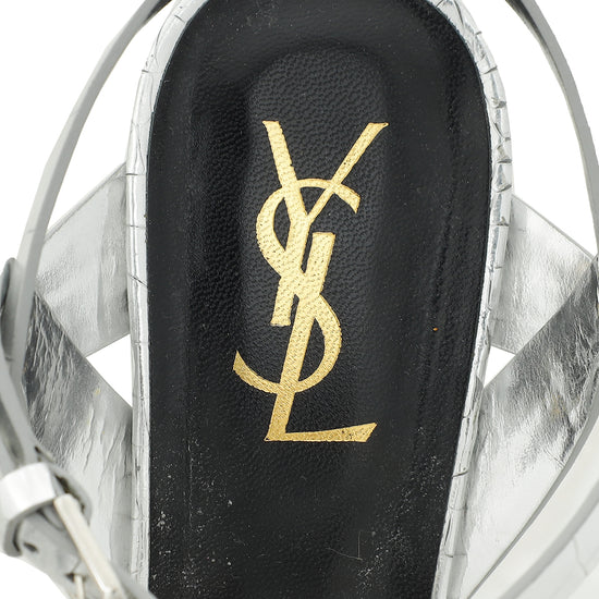 Load image into Gallery viewer, YSL Silver Croco Embossed Tribute Sandal 40
