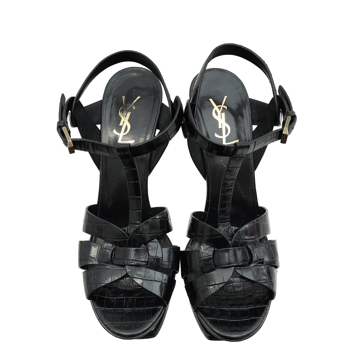 YSL Black Croco Embossed High Heeled Tribute Sandals 40