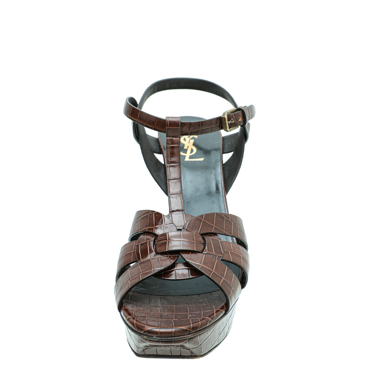 YSL Brown Croc Embossed Mid Heel Tribute Sandals 41-YSL-THE CLOSET
