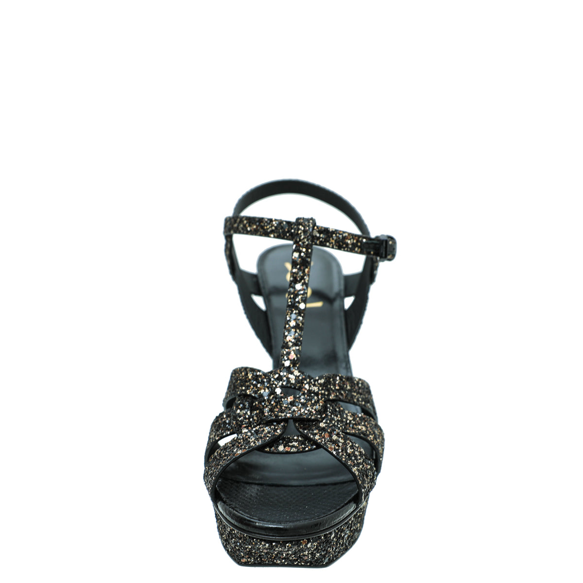 YSL Black Glitter Calfskin Ayers Mid Heel Tribute Sandals 41-YSL-THE CLOSET