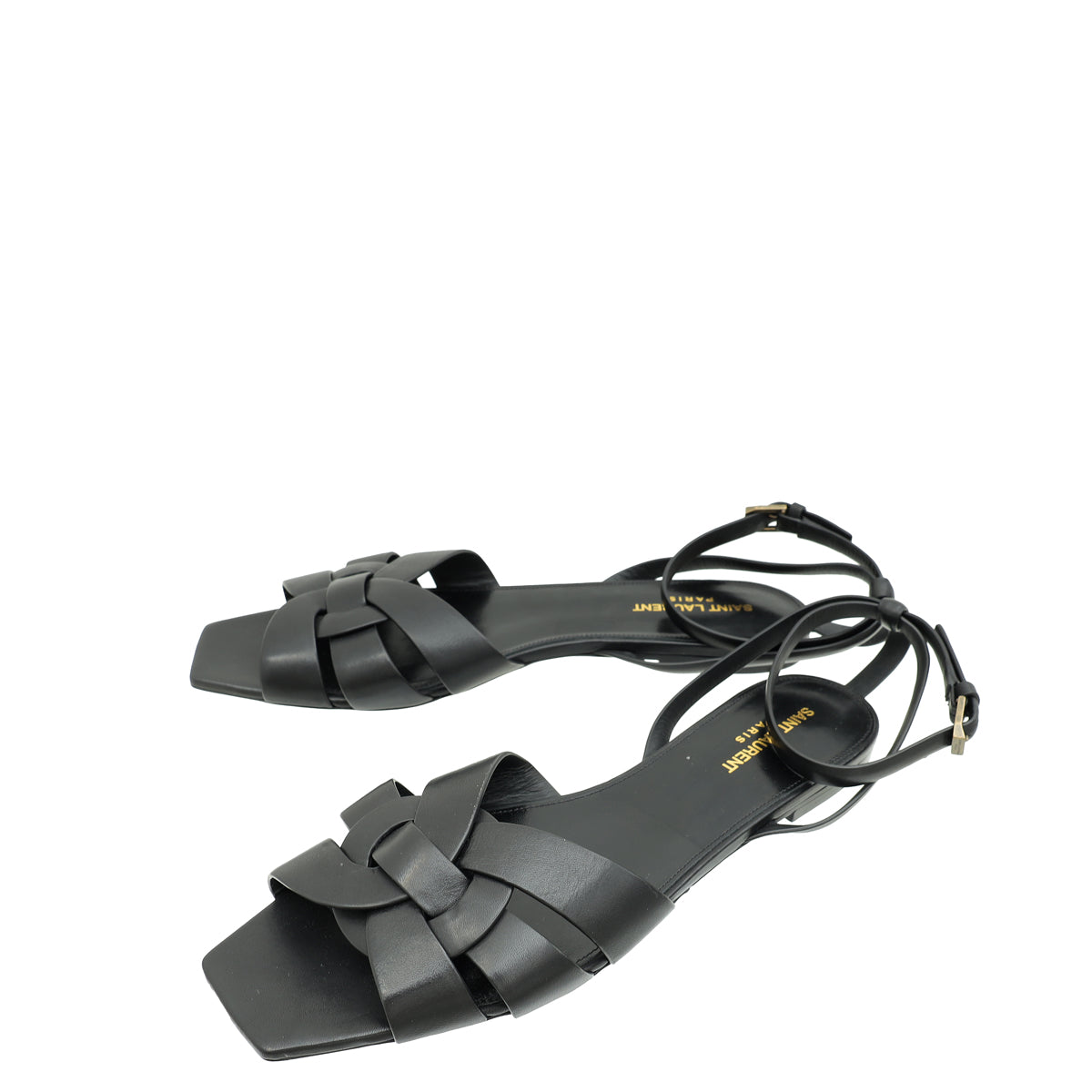YSL Black Tribute Ankle Strap Flat Sandals 42-YSL-THE CLOSET