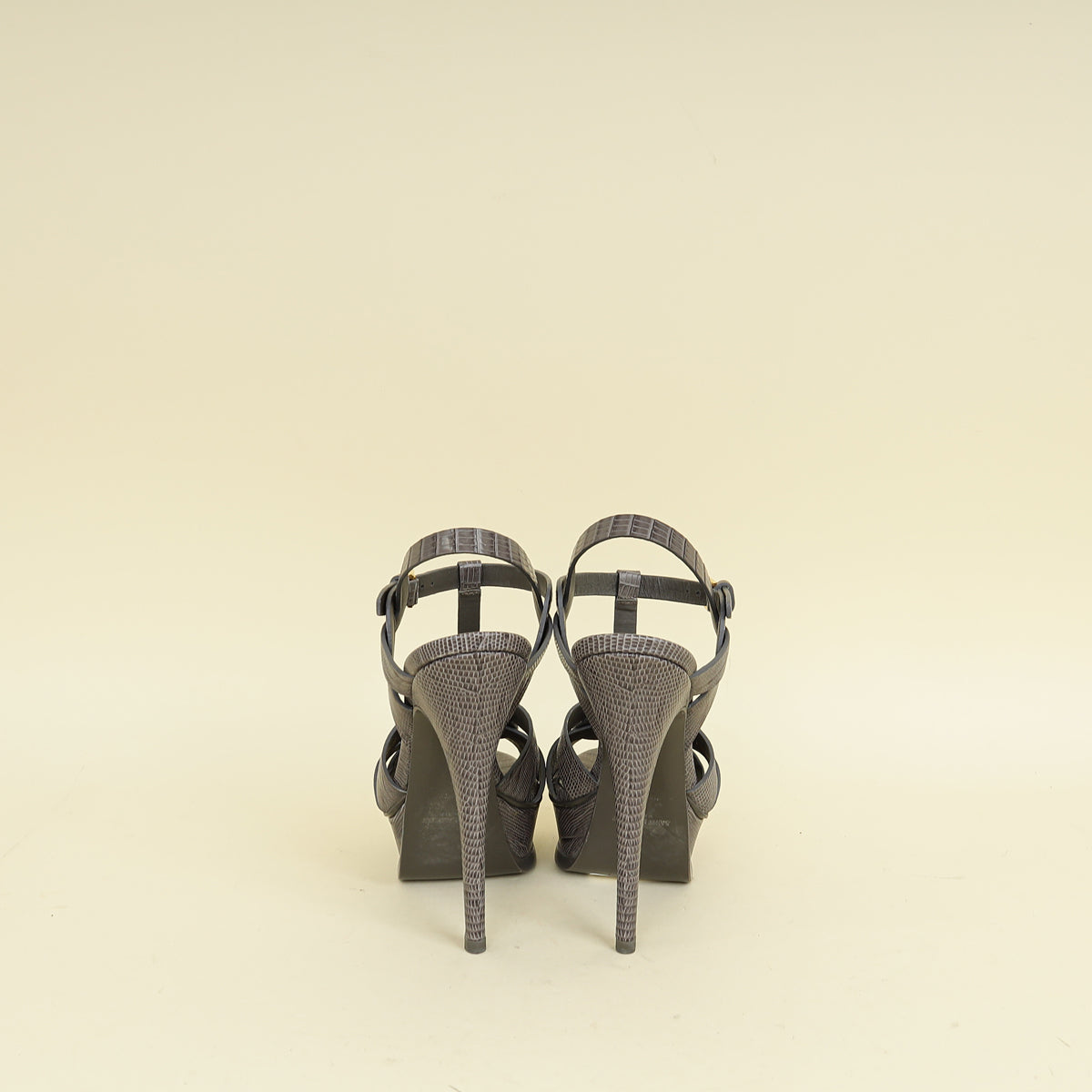 YSL Gray LIzard Embossed High Heeled Tribute Sandals 35