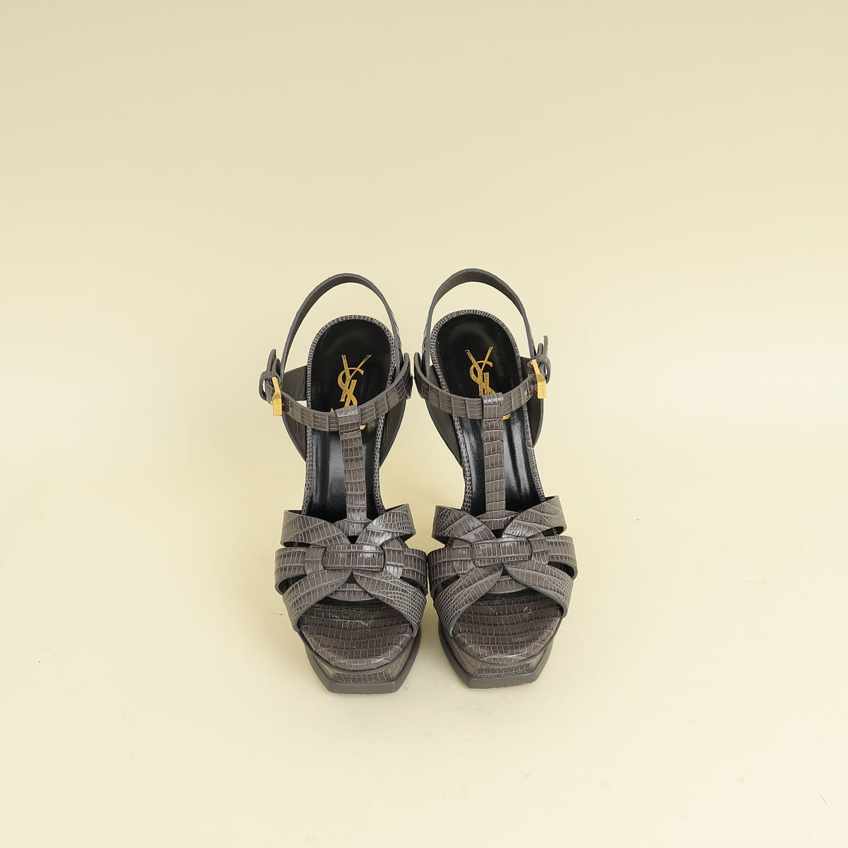 YSL Gray LIzard Embossed High Heeled Tribute Sandals 35