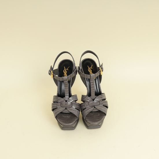 YSL Gray LIzard Embossed High Heeled Tribute Sandals 35