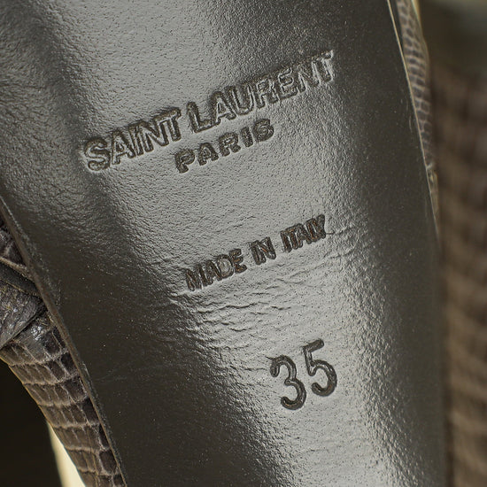 YSL Gray LIzard Embossed High Heeled Tribute Sandals 35