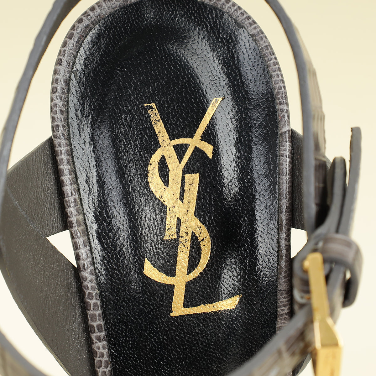 YSL Gray LIzard Embossed High Heeled Tribute Sandals 35