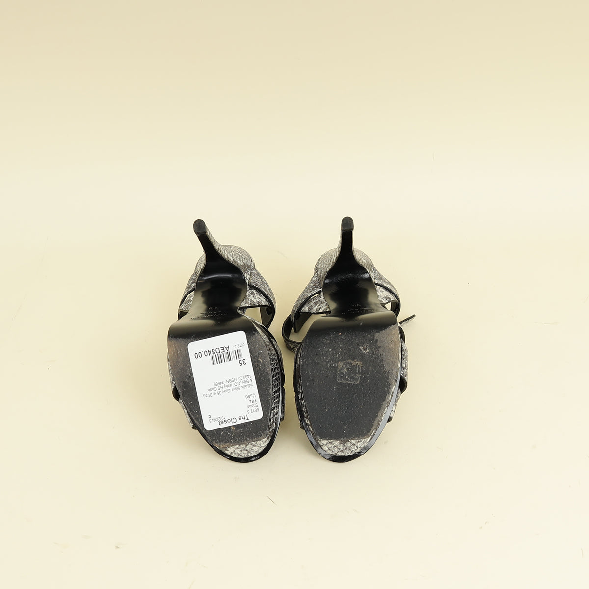 YSL Bicolor Python Embossed High Heeled Tribute Sandals 35