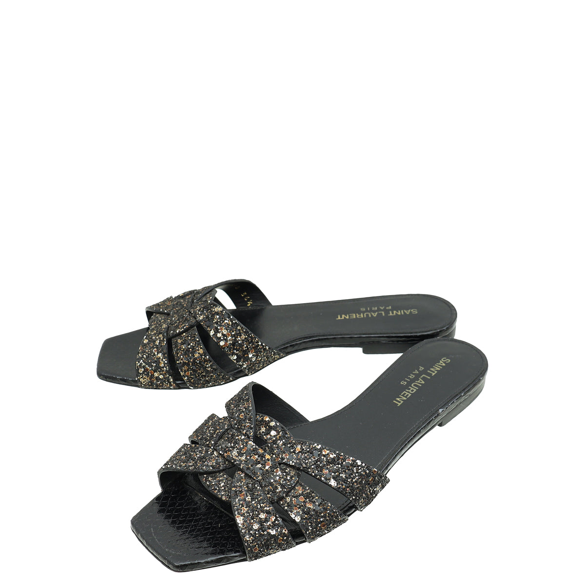 YSL Black Coarse Glitter Tribute Flat Mules 36.5-YSL-THE CLOSET
