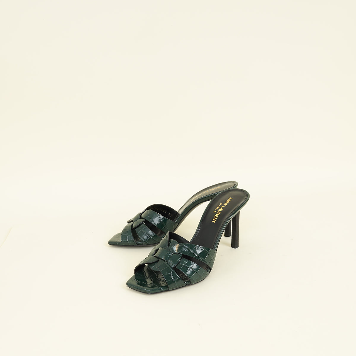 YSL Emerald Green Tribute Croco Embossed Heeled Mules 37