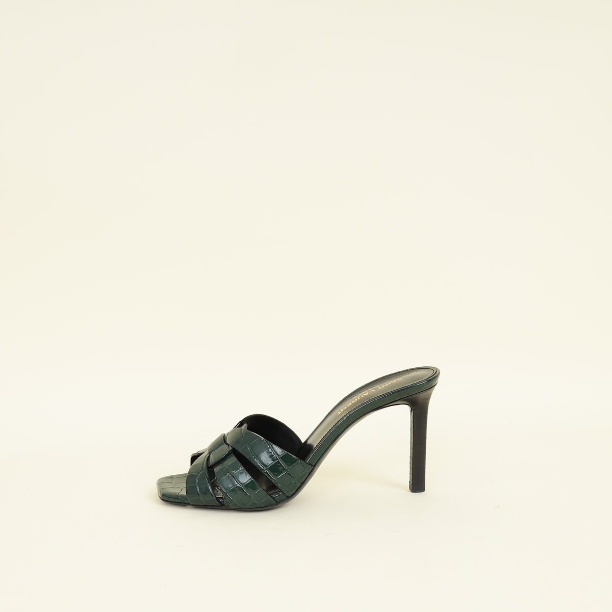 YSL Emerald Green Tribute Croco Embossed Heeled Mules 37