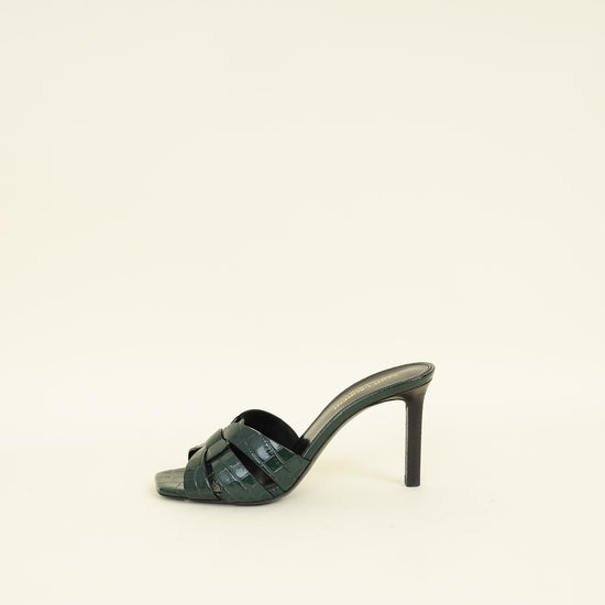 YSL Emerald Green Tribute Croco Embossed Heeled Mules 37